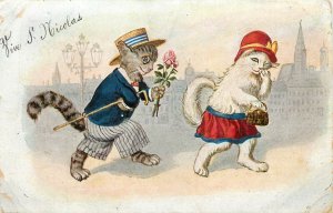 Postcard Dressed Cats Male in Boater Hat Brings Flowers Lady Flapper Skirt 8063