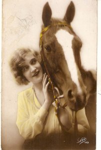 pRETTY LADY WITH HER HORSE oLD VINTAGE fRENCH POSTCARD