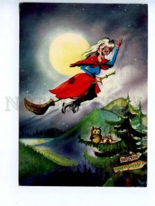 241314 GERMANY witch on broomstick OWL 1982 year RPPC