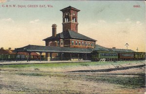 Green Bay WI Train Station, C&NW Depot, Pullman RR Cars, Ca. 1910 Wisconsin