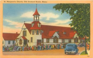 Old Orchard Beach ME St Margaret's Church, Old Car Linen Postcard, Unused