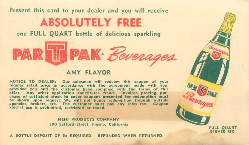 Par T Pak Beverages NEHI Products, Fresno CA Advertising Postcard Used