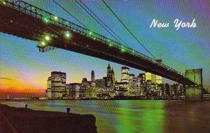 New York City Brooklyn Bridge At Night Showing World Trade Center