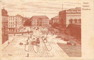 1950s Mann Heimi Germany  Trolleys railroad Station artist postcard 24-11191