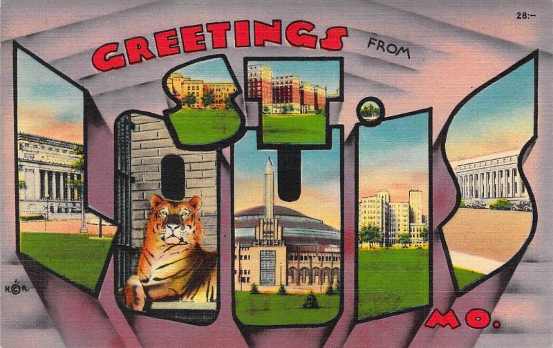 Beautiful Linen Large Letter, St Louis, Missouri, MO, Zoo,Tiger, ,Old Postcard 