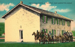 Vintage Postcard 1930's First Kansas Capitol Building at Fort Riley Manhatten KS