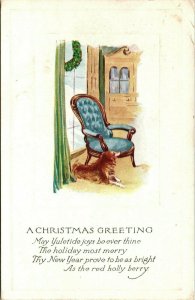 Vintage 1920 Dog in Sitting Area Parlor Merry Christmas Greetings Postcard