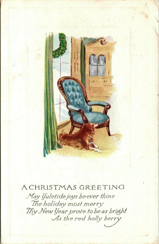 Vintage 1920 Dog in Sitting Area Parlor Merry Christmas Greetings Postcard