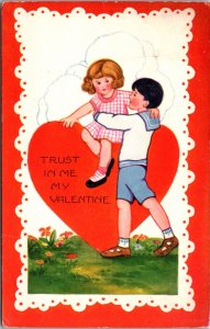 Valentine Postcard Sailor Dressed Boy Helping Girl Down From Giant Heart Poem