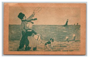 Vintage 1910's Postcard Dutch Children Likely Lake Michigan with Dog on Beach