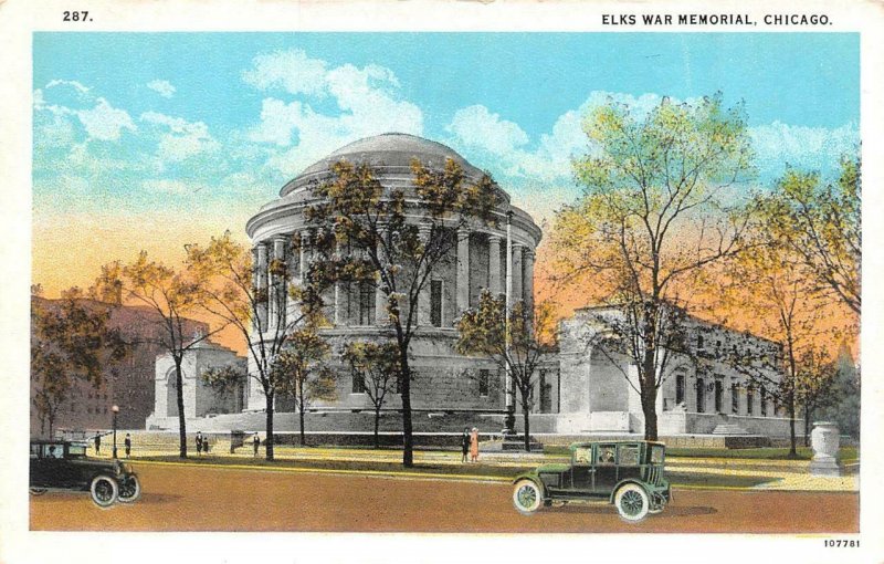 CHICAGO, Illinois IL  ELKS WAR MEMORIAL Cars On Street c1920's Military Postcard