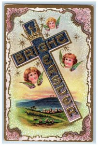 c1910's Easter Cross Angels Head Crown Embossed Unposted Antique Postcard