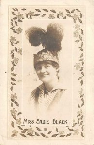 RPPC,  Miss SADIE BLACK~Fancy Feathered Flapper Hat  STUDIO PORTRAIT  Postcard