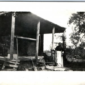 c1910s Black or Native American Woman Cabin RPPC House Dog Real Photo PC A128