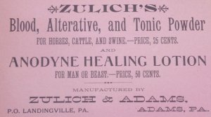 1800s Zulichs Anodyne Lotion Quack Medicine Farming Adams PA Trade Card