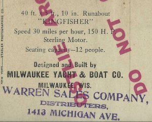 Milwaukee WISCONSIN RPPC c1915 ADVERTISING Motor SPEED BOAT Boating CHICAGO