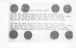 RPPC THE LINCOLN PENNY COINS POEM STUDIO REAL PHOTO POSTCARD (1950s)