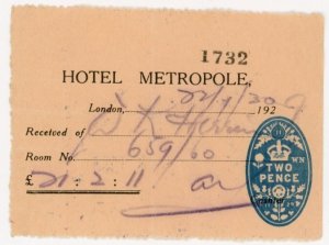 1929 Hotel Metropole London Receipt 2 Pence Tax Stamp F219