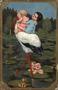 Stork Fantasy Lily Pad Pond of Babies Children Fertility c1910 Postcard