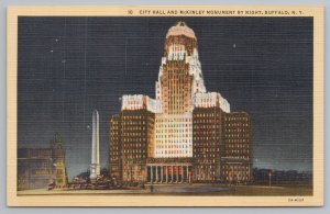 Linen~City Hall & McKinley Monument At Night Buffalo NY~Vintage Postcard 
