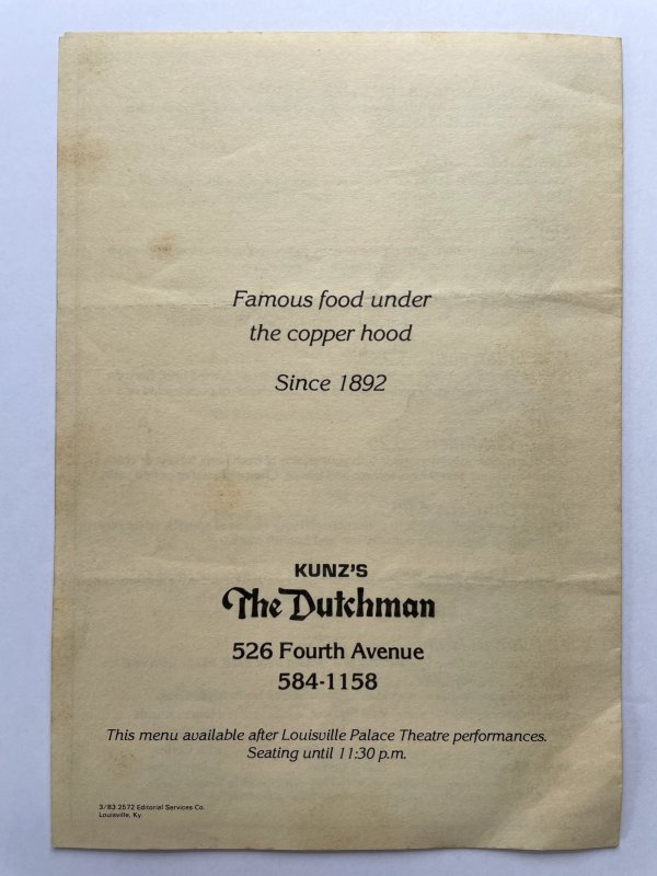 Vintage 80s KUNZ'S The Dutchman Restaurant Late Night Menu Louisville KY