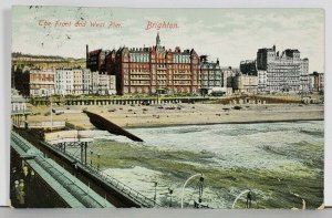 BRIGHTON The Front and West Pier c1906 to Paris Postcard K18