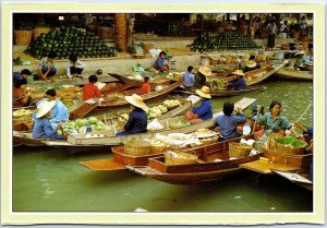 VINTAGE CONTINENTAL SIZE POSTCARD FLOATING MARKET RAJBURI PROVINCE OF THAILAND