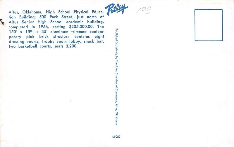 Altus Oklahoma~High School Physical Education Building~Info on Back~Built 1956