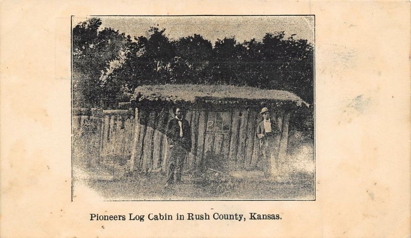 Pioneers Log Cabin Rush County Kansas 1907c postcard