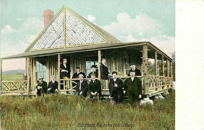 c1907 Postcard; Belgrade ME Men at Anna Held Cottage, Kennebec County