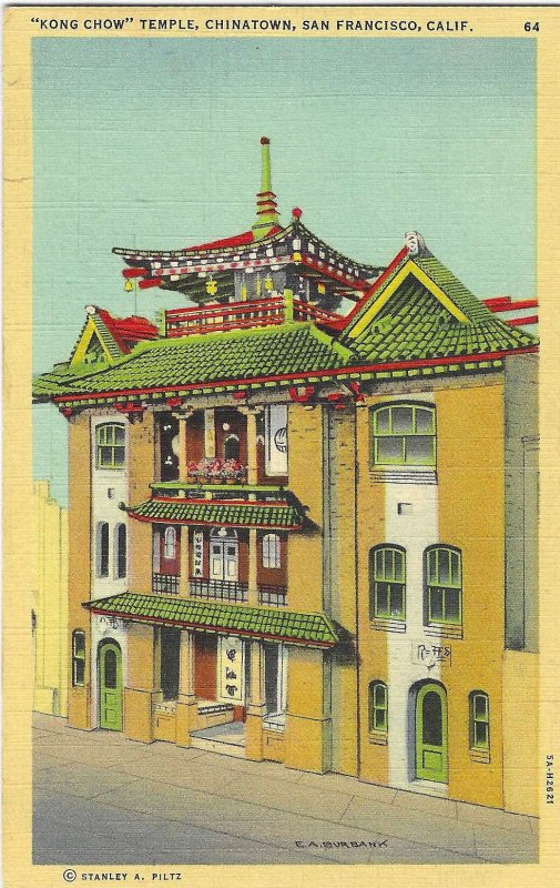 1940's Kong Chow Temple, Chinatown, San Francisco, CA Linen Postcard