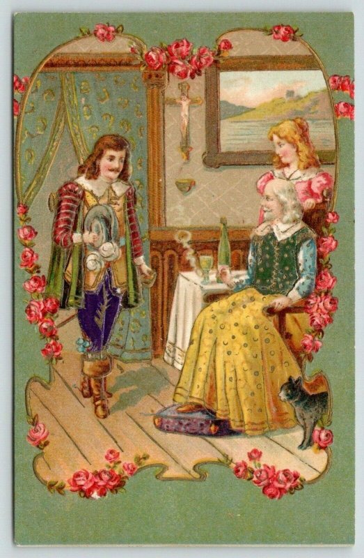 Musketeer~Soldier Greets Father~Girl~Pink Rose Art Nouveau~Olive Back~Emboss~393 