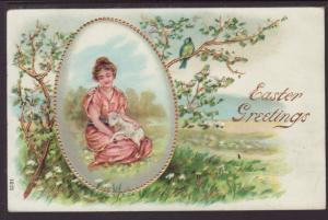 Easter Greetings,Woman,Sheep Postcard