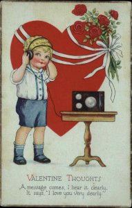 Valentine Little Boy on Short Wave Radio Headphones Vintage Postcard