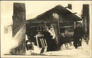 Family at Cabin in Winter Snowshoes Nice Deatil c1915 Real Photo Postcard myn