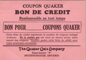 Quaker Oats Coupon Certificate Peterborough Ontario Advertising Card H49 *as is