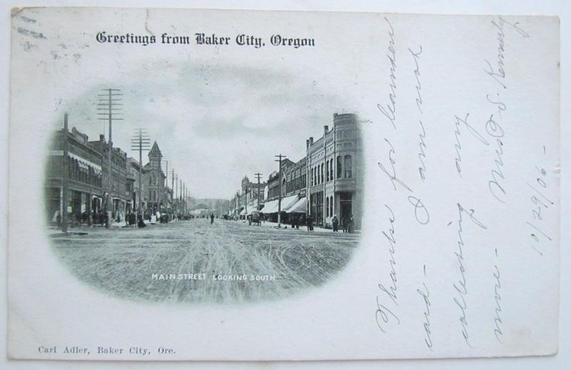 VINTAGE 1906 UNDIVIDED POSTCARD BAKER CITY GREETINGS OREGON MAIN STREET cork