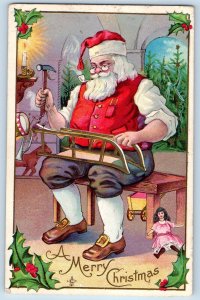 Christmas Postcard Santa Claus Pipe Smoking Hammer Fixing Toys Fingal ND 1913