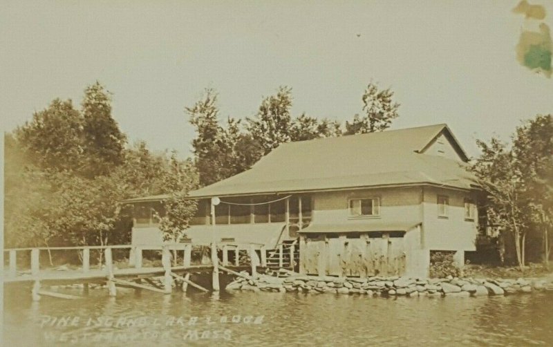 Westhampton MA, Pine Island Lake Lodge, RPPC Real Photo c1920-40s Postcard A36