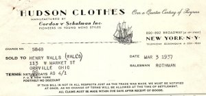 1937 HUDSON CLOTHES GORDON AND SCHULMAN N.Y. YOUNG MEN'S  BILLHEAD INVOICE Z507