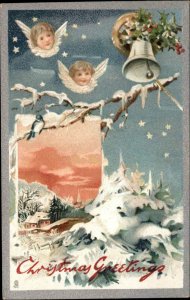 Tuck Christmas No. 136 Angels Fly Over Village c1910 Vintage Postcard