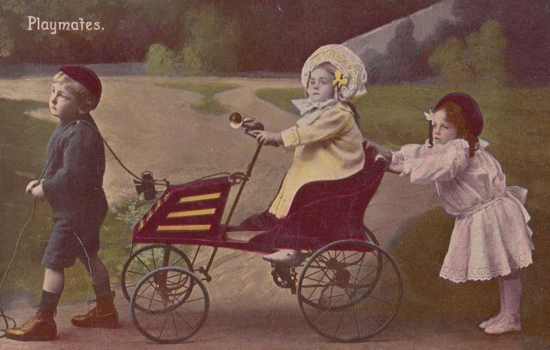 Children With Tandem Pedal Transportation Car On String Old Postcard