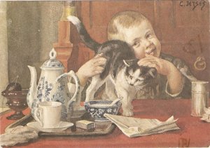 Little boy caressing his cat Lovely modern artist drawn postcard