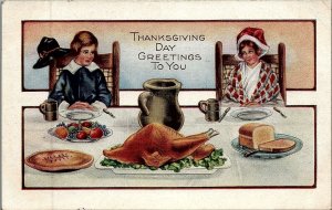 c1910 THANKSGIVING GREETINGS PILGIRMS TURKEY DINNER PIE EMBOSSED POSTCARD 20-175