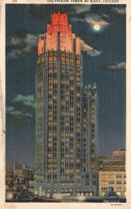 Vintage Postcard 1934 The Tribune Tower Building By Night Chicago Illinois IL