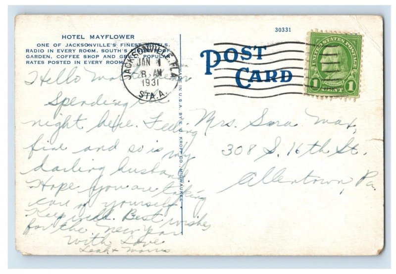Vintage Hotel Mayflower Jacksonville, Fla. Postcard F93S United