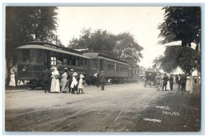 c1910's July 4th Amboy Illinois IL, Trolley Cars RPPC Photo Antique Postcard
