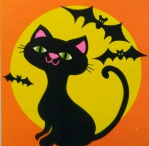 Halloween Greeting Card Vintage Party Invite Black Cat With Bats Rust Craft