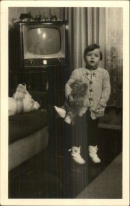 Little Boy Stuffed Teddy Bear Old TV Television Set Real Photo Postcard