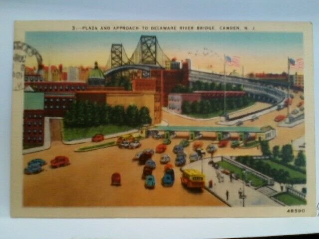 Camden NJ plaza and approach to Delaware River Bridge cars and buses posted 1944